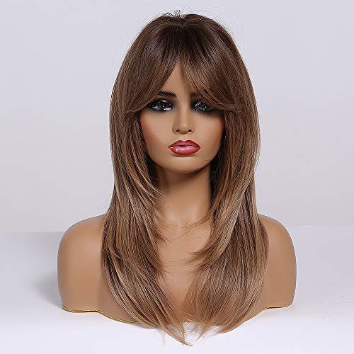 Ombre Brown Wigs with Bangs for Women Synthetic Heat-Resistant Wavy Hair Extension - Natural Look