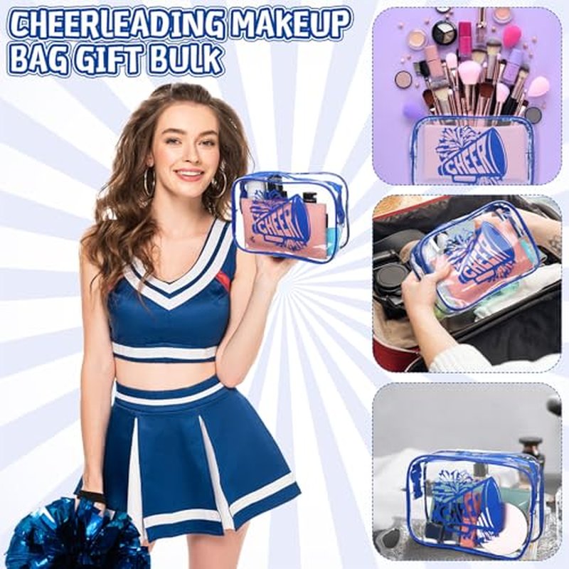 Kacctyen 12 Pcs Cheer Makeup Bag Cheer Gifts Bulk for Team 7 x 4.7 x 2.4'' Cosmetic Bag Cheerleader PVC Makeup Case Clear Toiletry Zipper Pouch for Cheerleading Teammates Party Supplies(Dark Blue)