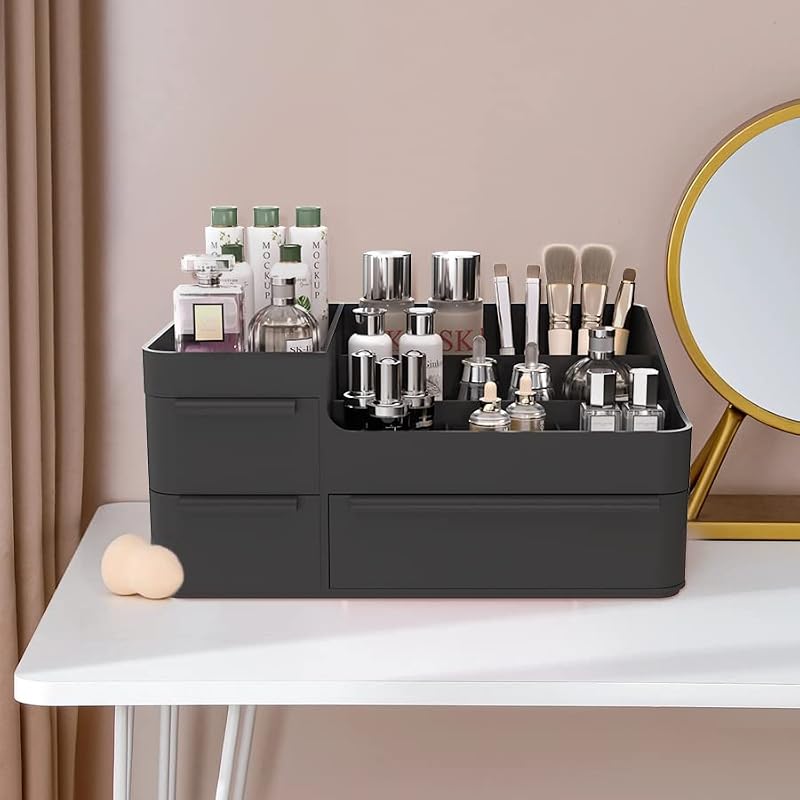 Stackable Makeup Organizer with Drawers for Vanity and Bathroom Counter Black