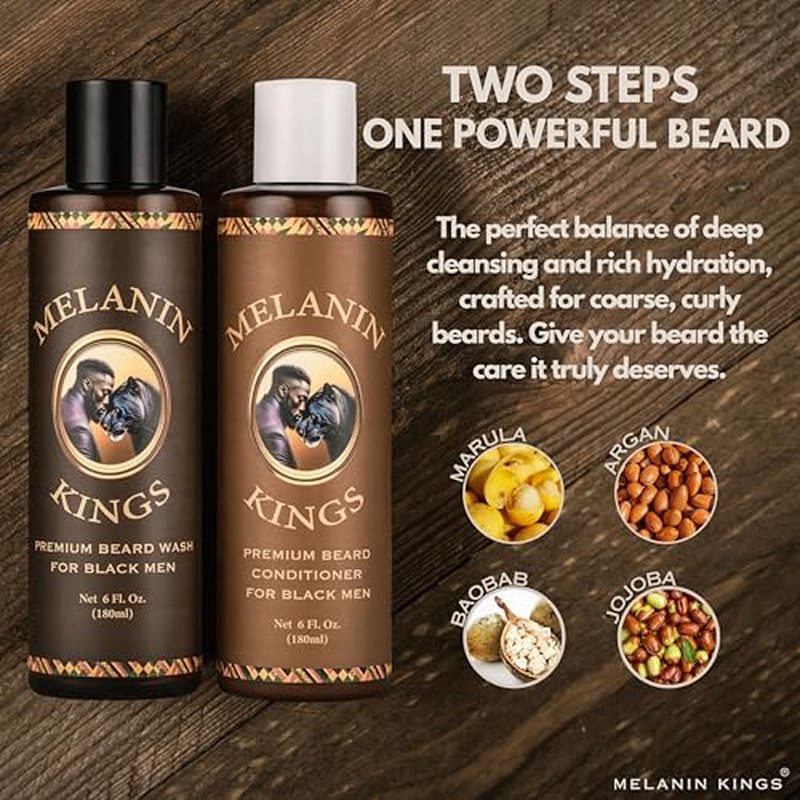 Melanin Kings Beard Wash & Conditioner Set for Black Men ? Gently Cleanse, Hydrate & Soften Coarse, Dry and Curly Beards ? African Oil Blend with Baobab, Marula, Argan & Jojoba