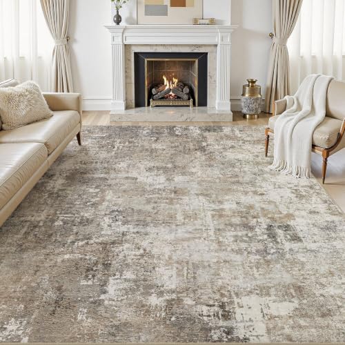 9x12 Rectangular Area Rug - Abstract Washable Living Room Carpet in Gold, Brown & Grey - Non-Slip Backing