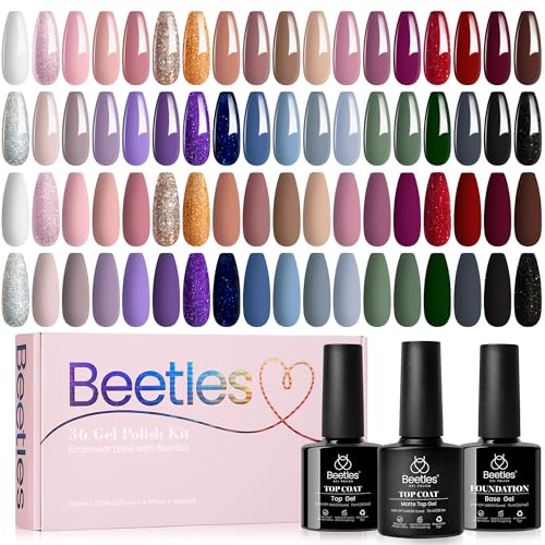 Beetles Gel Nail Polish Set 36 Colors Nail Gel Polish Kit Burgundy Red Blue Green Brown Gold Glitter Pink with Base Top Coat UV LED Needed Manicure Gifts for Women Neutral Elegance