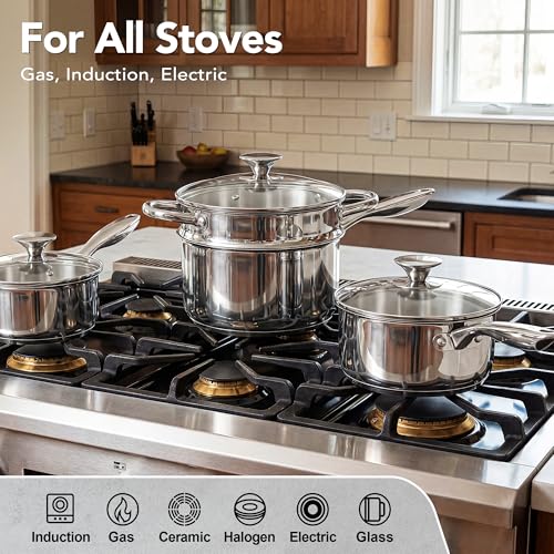 Michelangelo 3-Piece Stainless Steel Saucepan Set with Tri-Ply Bottom, 1QT, 2QT, 3QT, Dishwasher Safe