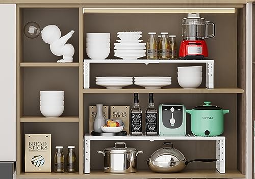 Expandable Stackable Kitchen Organizer Set - 3 White Metal Shelves, Adjustable & Heavy Duty
