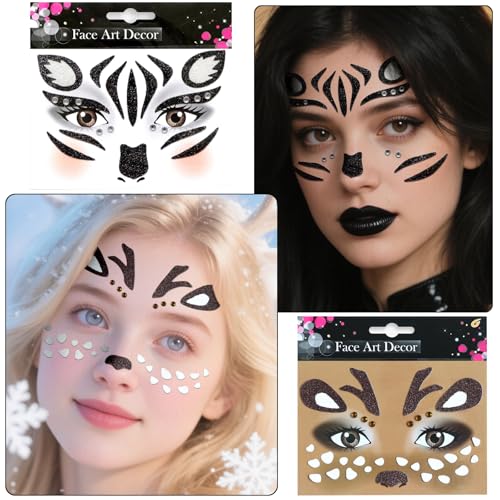 Halloween Face Tattoos Stickers - Leopard, Cat, Elk, Zebras Temporary Tattoo Sticker Halloween Face Gem Self-Adhesive Sticker for Festival Holiday Party Cosplay Decoration 4 Pcs