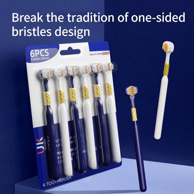 3-Sided Toothbrush for Adults with Soft & Stiff Bristles, Teeth & Tongue Cleaning - Pack of 6