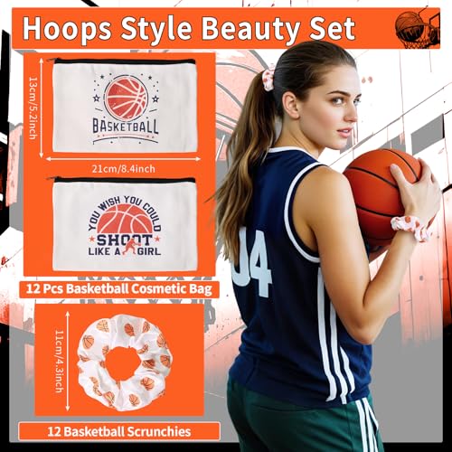 12 Pcs Basketball Makeup Bag & 12 PCS Sport Elastic Scrunchies Gifts Stuff Set Portable Travel Cosmetic Bags with Zipper Elastic Hair Bands Basketball Accessories for Girls (White)