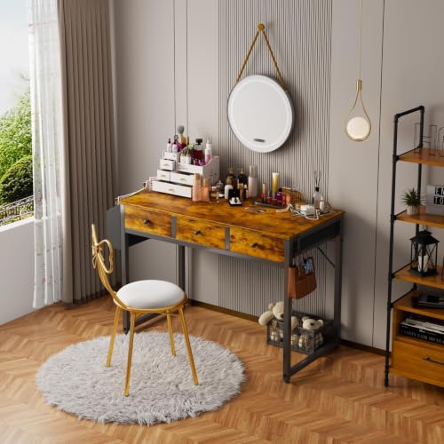 Lufeiya Rustic Brown 39.4 Inch Desk with 3 Fabric Storage Drawers for Bedroom & Home Office