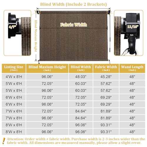 Outdoor Roller Shades 6' W x 8' H Splicing Design Cordless Patio Blinds - Mocha