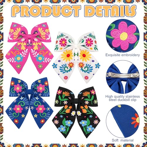 Mexican Embroidered Hair Bows Set - 4 Colorful Floral Clip Accessories for Women - Classic Variation
