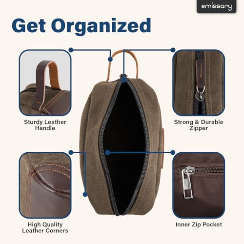 Emissary Men's Toiletry Bag - Coffee Canvas Leather Travel Dopp Kit