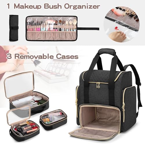 LUXJA Makeup Backpack with 3 Removable Cases and 1 Makeup Brush Bag, Large Makeup Bag Cosmetic Bag with Multiple Storage Sections (Patented), Black