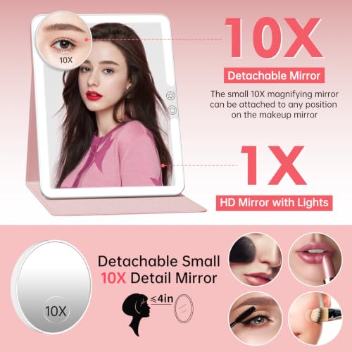 FUNTOUCH 2500mAh Rechargeable Travel Makeup Mirror with Lights - Pink N