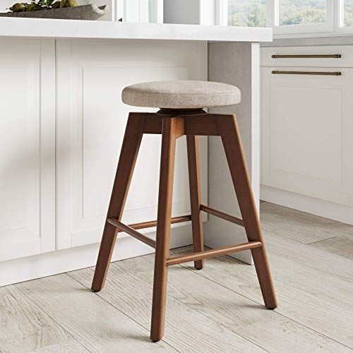 Counter Height Backless Kitchen Bar Stool - Solid Wood, 360 Swivel, Medium Brown / Beige