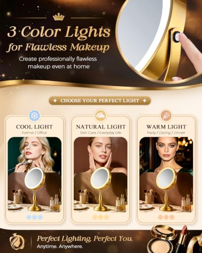 SANFANGIE Brushed Gold 8-Inch Double-Sided Makeup Mirror with Lights, 1X/30X Magnification