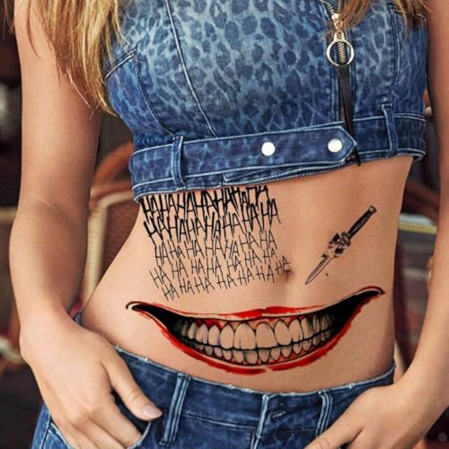 8 Sheets Joker Tattoos, Large-Size Waterproof Halloween Temp Tattoo for Men Women Adults, Suicide Squad Fake Stickers for Clown Costume Masquerade Cosplay Face Makeup Party Accessories
