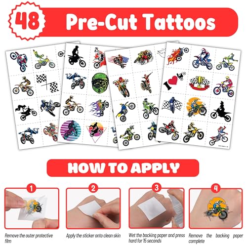 72 PCS Dirt Bike Party Favors - 48 Temporary Pre-Cut Tattoos & 24 Slap Bracelets - Fun Party Favors for Boys & Girls, Birthday Goodie Bag Fillers, Baby Shower Gifts, Classroom Rewards