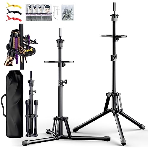 Adjustable Mannequin Head Stand Tripod for Wig Styling - Black