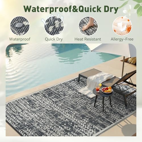 Outdoor Waterproof Rug 8x10 ft Patio Rug Mat for Balcony Deck Camping Beach Grey