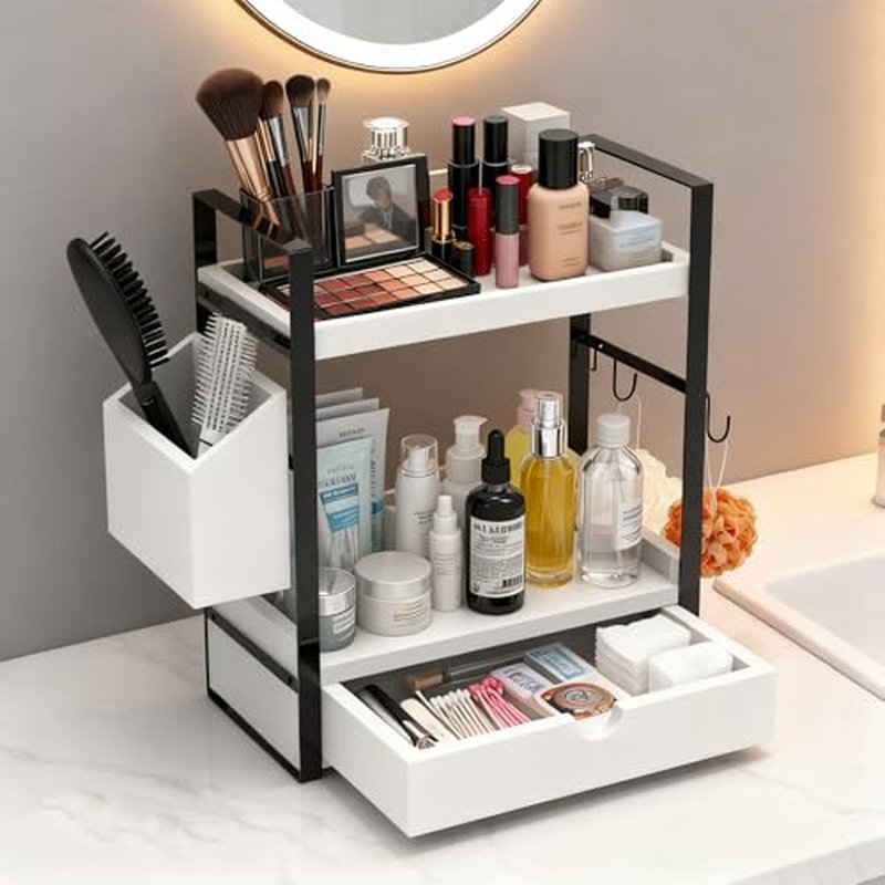 2-Tired Bathroom Counter Organizers and Storage, Bathroom Countertop Organizer with Drawer, Solid Wood Skincare Perfume Organizer for Vanity Kitchen Corner Shelf Office Countertop (White)
