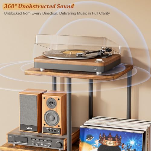 Black & Rustic Brown Vinyl Record Player Stand with Storage Shelves & Display - Mid Century Modern Tall Console