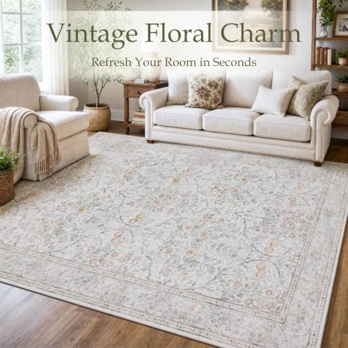 8x10 Beige Washable Area Rug - Large Vintage Floral Carpet for Living Room