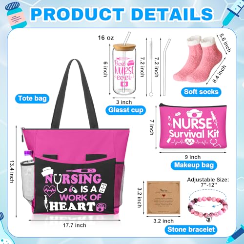 5 Pcs Valentine Nurse Gifts for Women Include Ribbon Zippered Tote Bag Makeup Bag 16 oz Glass Cup Bracelets and Sock Appreciation Gift Set for Galentines Female Gift(Hot Pink,Nurse)
