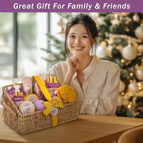 Bath Spa Gift Sets - Luxury Basket With Honey & Lavender - Spa Kit Includes Wash, Bubble Bath, Lotion, Bath Salts, Body Scrub, Body Spray, Shower Puff, Bathbombs, Soap and Towel