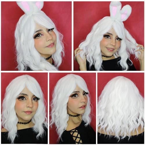 White Wavy Bob Wig with Bangs - Short Shoulder Length Cosplay & Party Hair - Variation: White