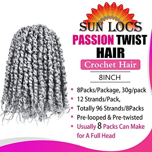 8 Inch Passion Twist Crochet Hair for Black Women 8 Packs Pre-twisted Passion Twists Crochet Braids Hair Pre-looped Bohemian Twists Synthetic Braiding Hair Extensions (12Strands/pack;TGrey#)