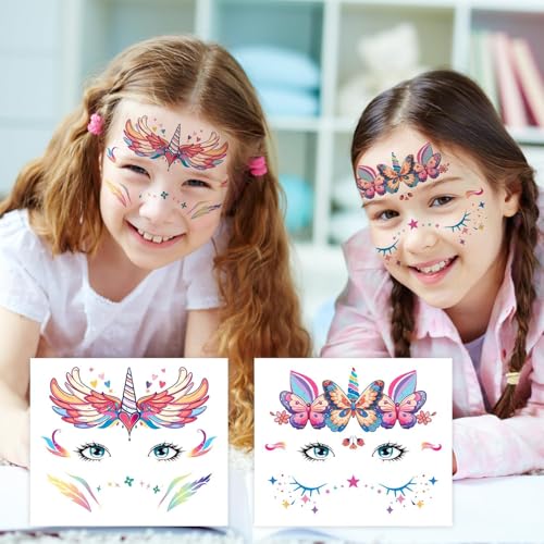 Partywind Face Temporary Tattoos for Girls, Waterproof Fake Tattoos for Kids Party Supplies Favors, Face Tattoos for Children Birthday Party Games, Special Party Goodie Bag Stuffers Fillers