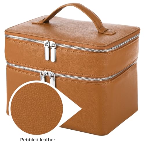 OMISTAR Brown Large Capacity Makeup Vanity Bag with Removable Liner Waterproof PU Leather