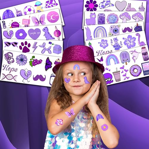 Cute Purple Temporary Tattoos Dark Purple Birthday Party Decorations Favors Supplies Violet Themed Cute Stickers 10 Sheets 100 PCS Gifts for Baby Girls Boys Decor Class School Carnival Christmas