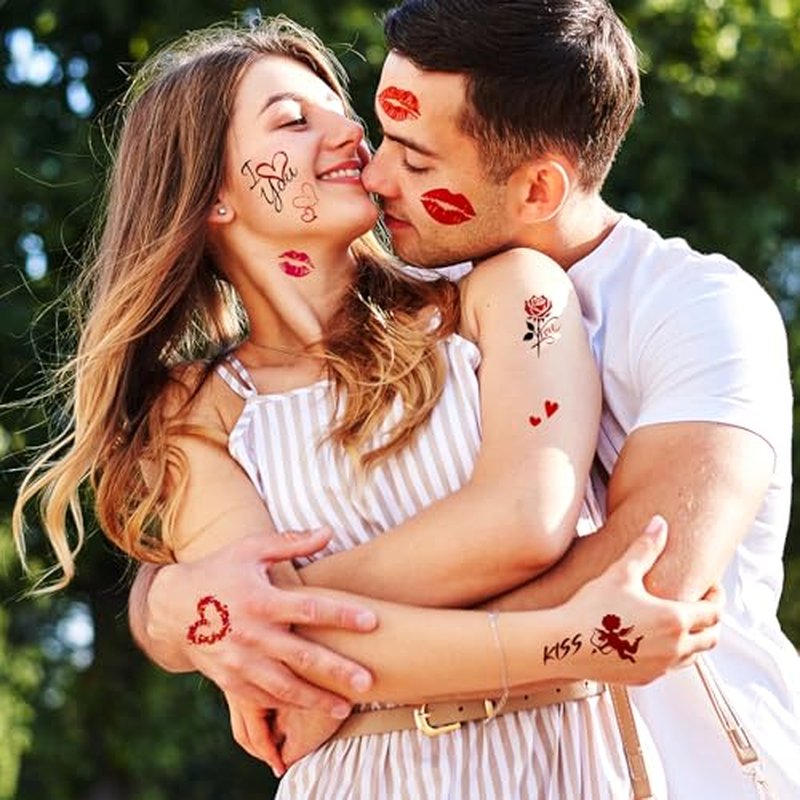 180 Pcs Large Size Valentine's Day Party Favors Kiss Lip Temporary Tattoos Stickers for Adult Women, 12 Sheets Bright Red Kiss Lip Print Fake Tattoos for Valentine's Day Costume Accessories
