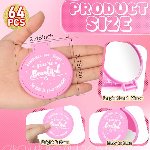 Wenqik 64 Pcs Pink Inspirational Mini Compact Mirrors for Purse Women Small Gifts Bulk, Round Makeup Folding Hand Mirrors, Client Guest Gifts Ideas, Women's Day Party Favors for Bridal Wedding