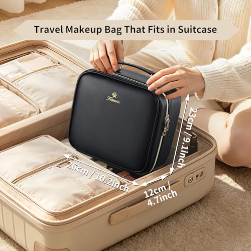 Faquenc Travel Makeup Bag with LED Lighted Mirror & Adjustable Dividers - Black