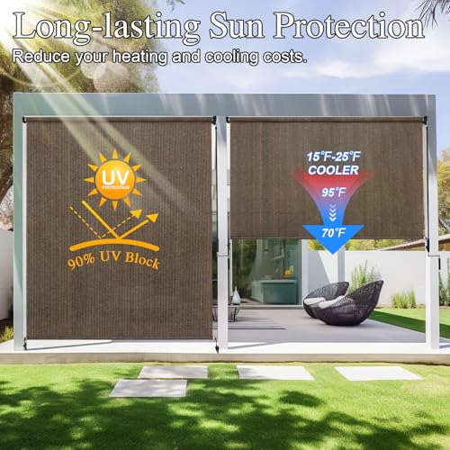 Mocha Patio Shades Roll Up Outdoor Blinds for Porch 7' W x 8' H - UV Blocker