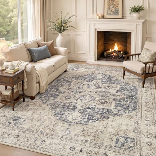 9x12 Machine Washable Area Rug - Soft Cream and Blue Vintage Medallion Style
