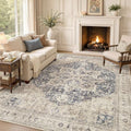 9x12 Machine Washable Area Rug - Soft Cream and Blue Vintage Medallion Style
