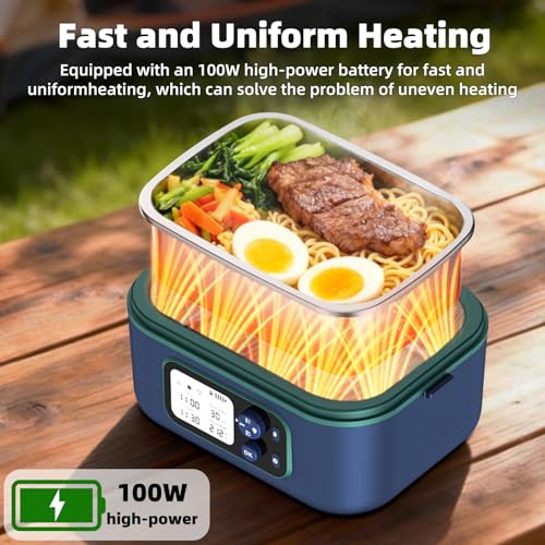Blue Cordless Heated Lunch Box for Adults XL 6.3 Cups Smart Self-Heating Food Warmer