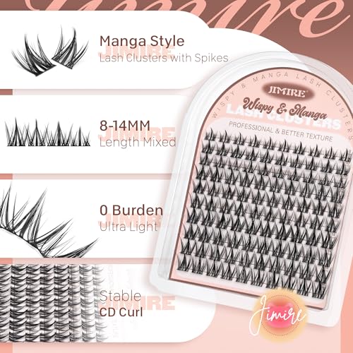 JIMIRE Manga Lash Clusters Natural Look Anime Eyelash Clusters Cute 8-14MM Wispy Fairy Cluster Eyelash Extensions with Spiky 100 Pcs Manga Individual Lashes with Thin Band