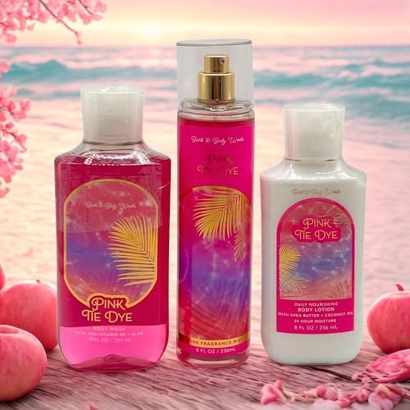 Bath & Body Works PINK TIE DYE - 3pc Bundle - Fine Fragrance Mist, Body Lotion, and Shower Gel Gift set with a Blue Bow for Holidays - LIMITED EDITION