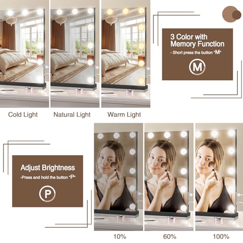 Black Vanity Makeup Mirror with Lights, 22.8 x 19 Inches, Dimmable & Touch Control