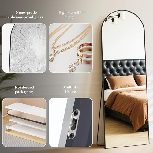 Black Arched Full Length Floor Mirror 64x21 Inches Stand & Wall Mount