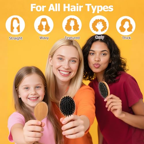 Mini Boar Bristle Travel Hair Brush 5.6 Inch for Women & Kids - Wooden Handle