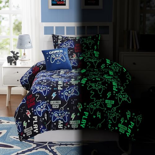 Kaleido Space Gamer Full-Size Bedding Set - Glow in the Dark 4-Piece Comforter Shams