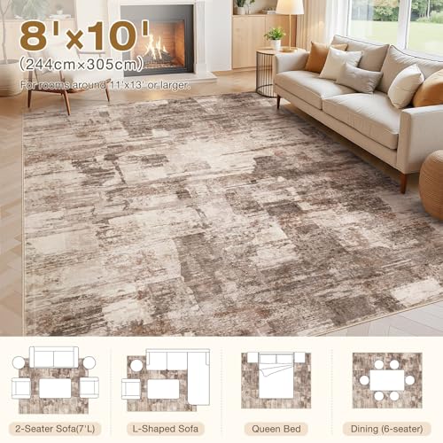 Brown 8x10 Washable Abstract Area Rug for Living Room with Non-Slip Backing