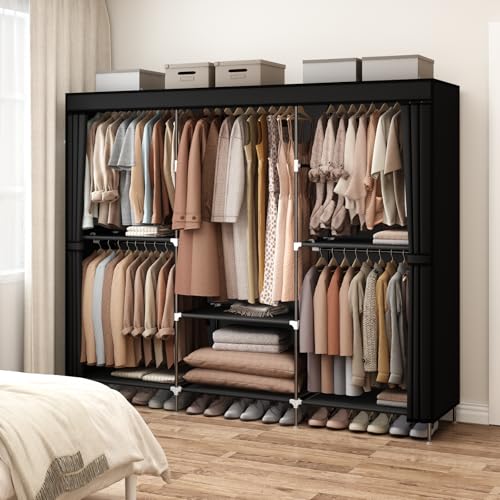 83-Inch Portable Wardrobe Closet with Dust Cover, 5 Hanging Rods & 6 Shelves, Black