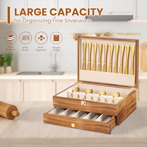 Yoimori 2-Layer Carbonized Black Wooden Silverware Storage Box with Drawer