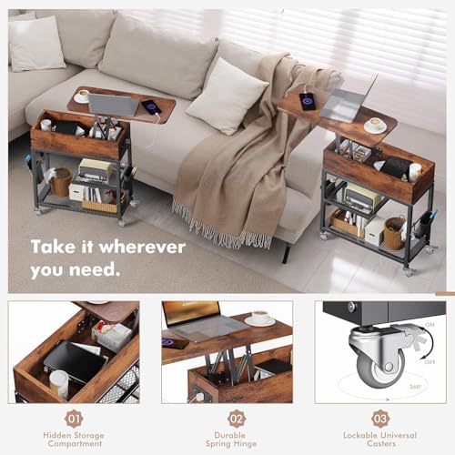 Rustic Brown Lift Top End Table with Charging Station & Wheels